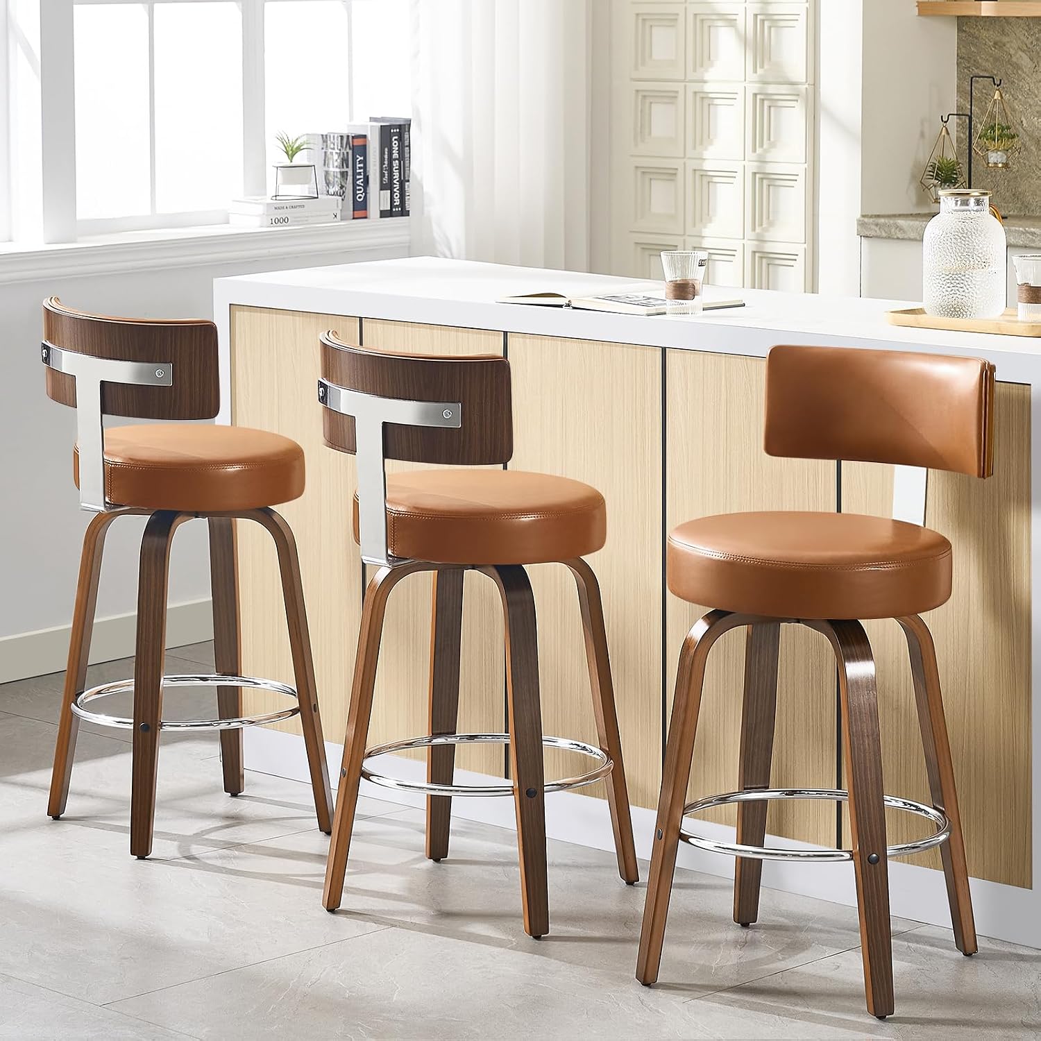 Bekrvio Swivel Counter Height Bar Stools Set of 3, 26" Faux Leather Kitchen Stools Upholstered Barstools with Back and Walnut Wood Legs, Mid Century Island Chairs Counter Stools, Brown