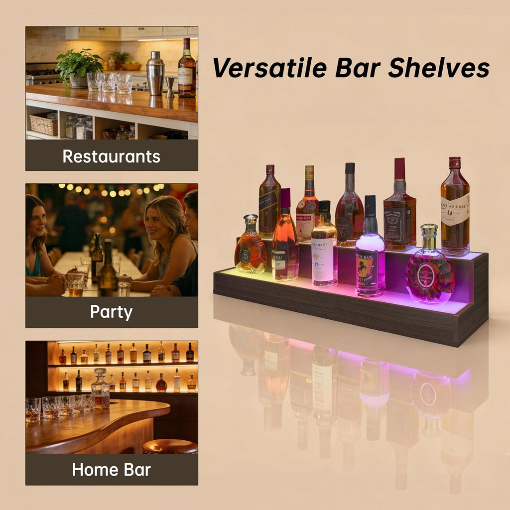 Cubehom LED Liquor Display Shelf, Freestanding Bar Cabinet with 2-Tier Adjustable Glass Shelves, Modern Floor Standing Wine & Spirit Storage Rack for Home Bar, Restaurant