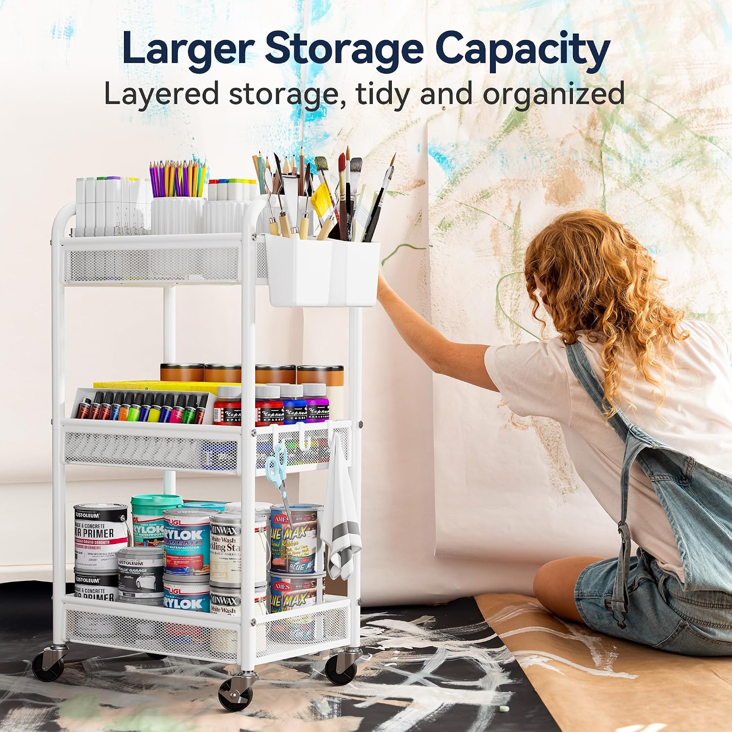 YASONIC 3 Tier Metal Rolling Cart, White Utility Storage Cart with Wheels | Metal Mesh Craft Cart With Hooks & Hanging Cups, Ideal For Kitchen, Bathroom, Office, Dorm, Art Workspace, Bedside Storage