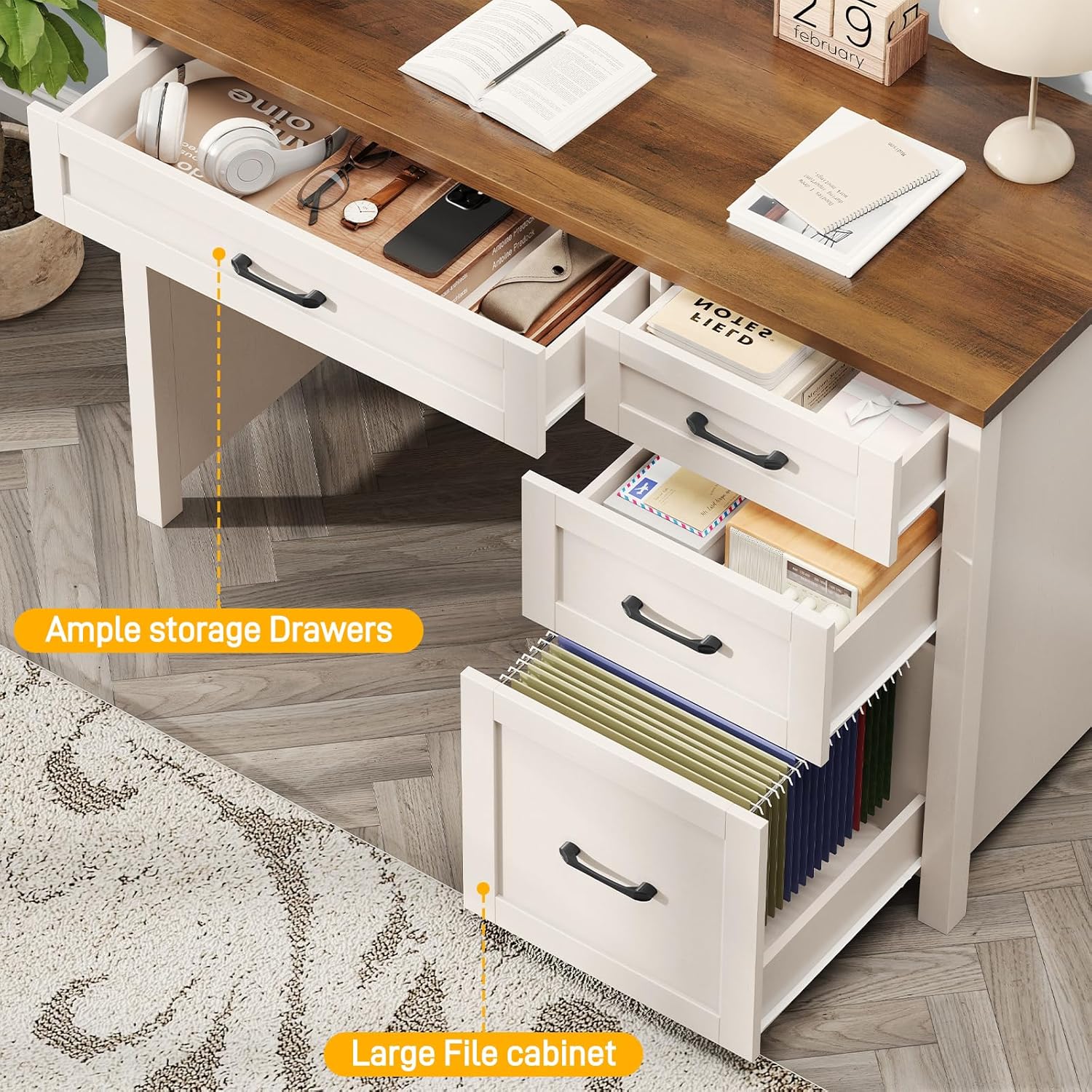 Vabches Farmhouse 47" Executive Desk with 4 Drawers, Computer Desk with File Drawer and Charging Station, Workstation for Home Office, Study. Unique White.