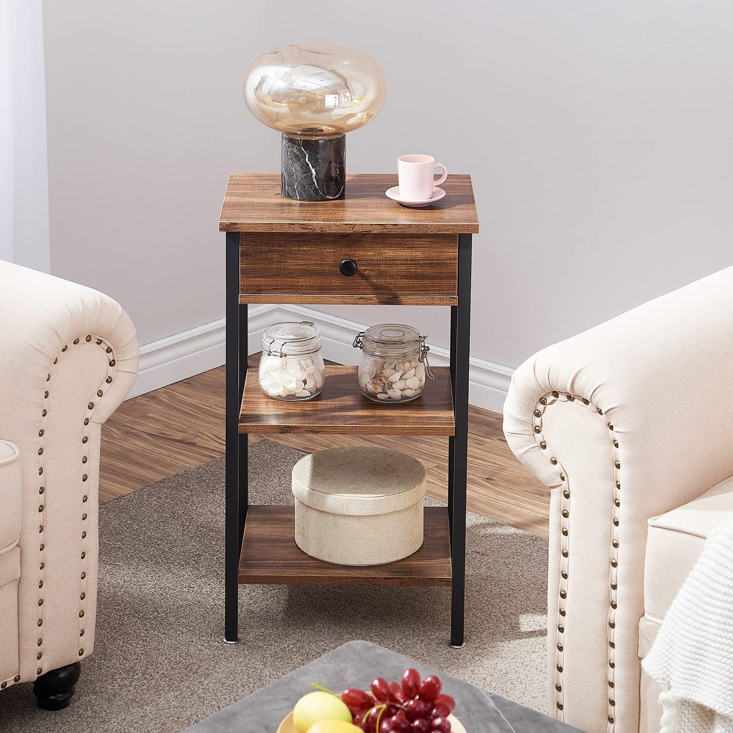 VECELO Tall End Table Set of 2,Nightstand with Drawer and Adjustable Storage Shelf,27.6 inch Side Table for Living Room/Bedroom/Entryway Small Spaces