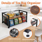 Tea Bag Organizer, Wooden Tea Storage Box with Metal Drawer, 8-Compartment Tea Bag Holder, Tea Station Display Case for Countertop Kitchen, Office, Pantry