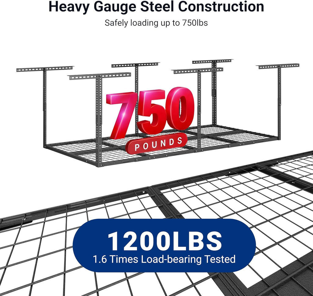 FLEXIMOUNTS 3x8 Overhead Garage Ceiling Storage Rack, Adjustable Garage Organization System, Heavy Duty Metal, 750lbs Weight Capacity, Hammertone, Classic Series