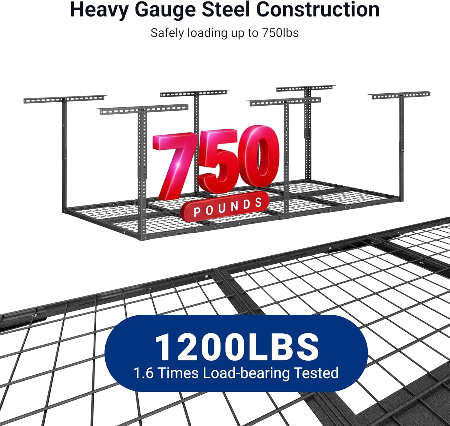FLEXIMOUNTS 3x8 Overhead Garage Ceiling Storage Rack, Adjustable Garage Organization System, Heavy Duty Metal, 750lbs Weight Capacity, Hammertone, Classic Series