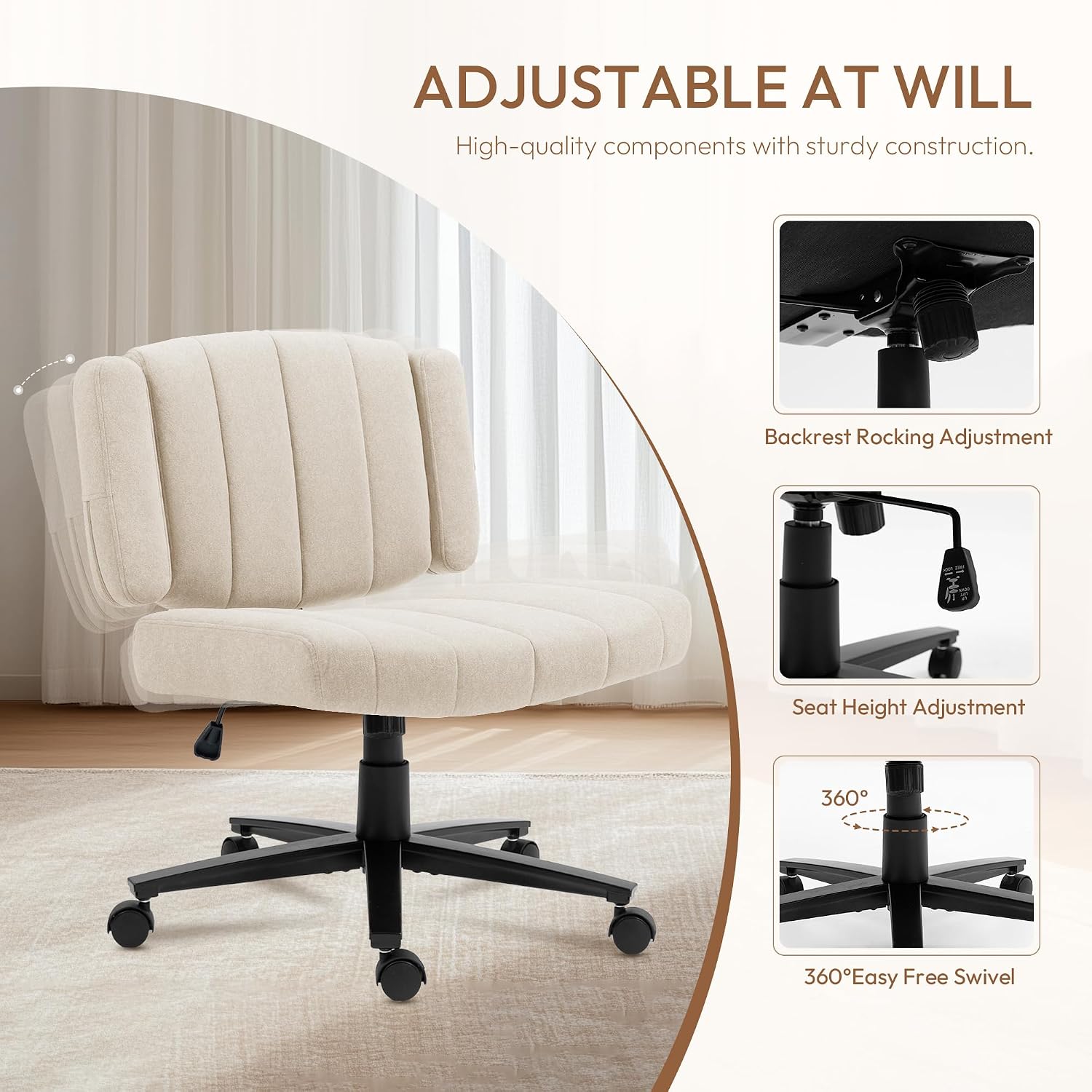 Vigosit Criss Cross Wheeled Chair - Adaptable Comfort for Every Need, High-Backed, with Adjustable Wide Armrests, Anti-Skid Fabric Upholstery, and a Sleek Modern Aesthetic for Home Office Use