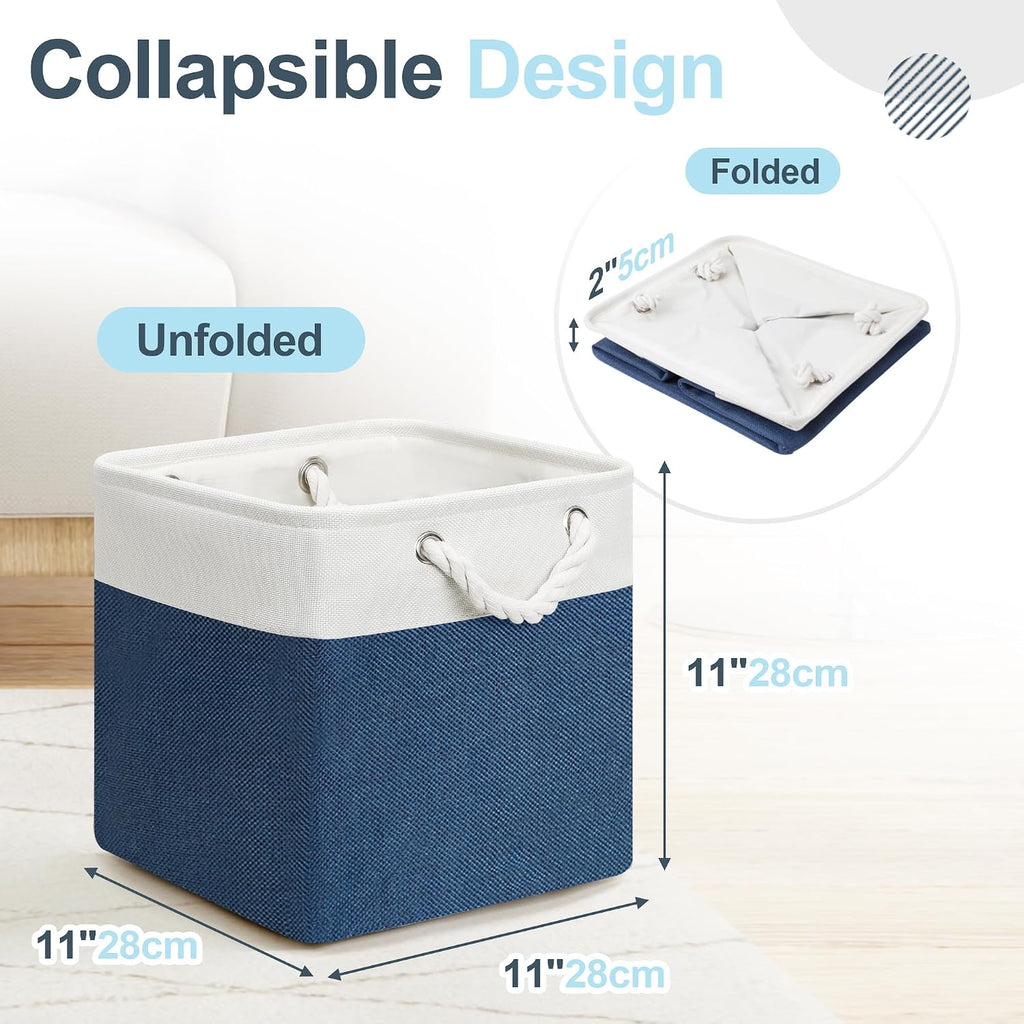 Posprica 11×11×11 Storage Cubes, Collapsible Storage Bins Organizer for Closet, Fabric Storage Box with Cotton Rope Handles, Decorative Storage Baskets for Shelves, set of 6 - White/Blue
