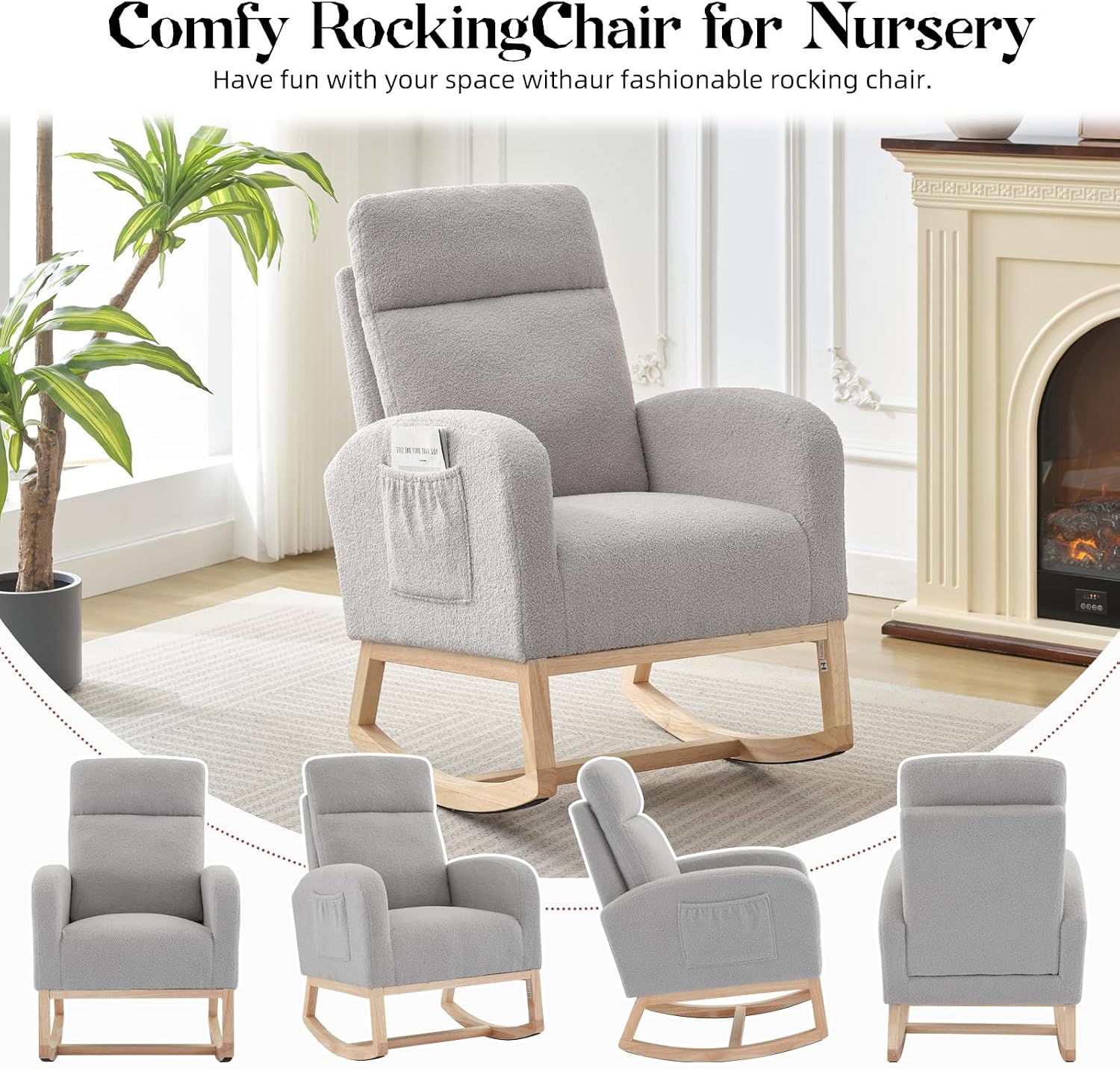Modern Nursery Rocking Chair,Teddy Upholstered Glider with 26" High Backrest, Padded Seat for Living Room, Bedroom, Reading
