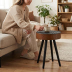 15.7" Round Side Table with Carved Top, Compact Accent Table, Small Drink Tables, Multi-Functional Nightstand, Solid Wood Legs, Countryside Style, Ideal for Living Room, Bedroom, Black and Walnut