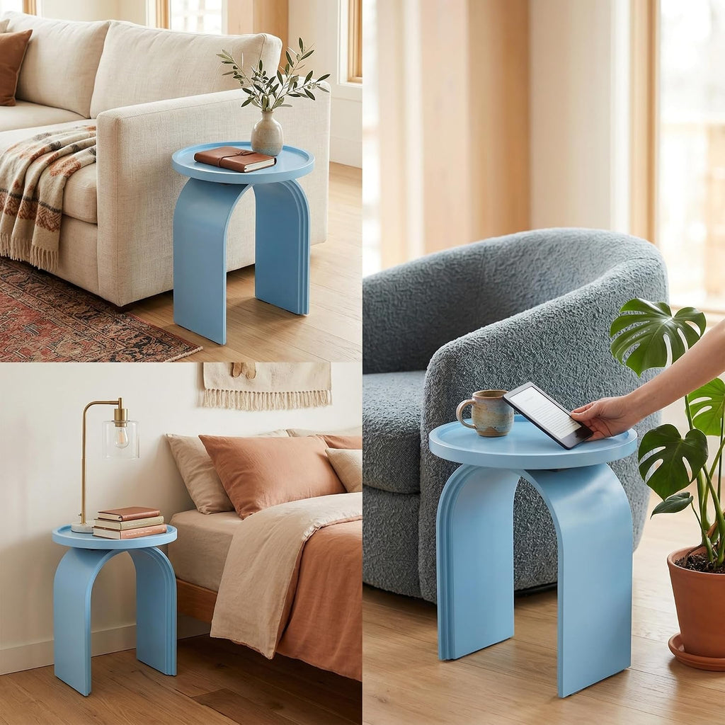 ROCITY Round Side Table, Modern Wood End Table with Sturdy Base, Small Blue Drink Table for Living Room, Bedroom and Small Spaces