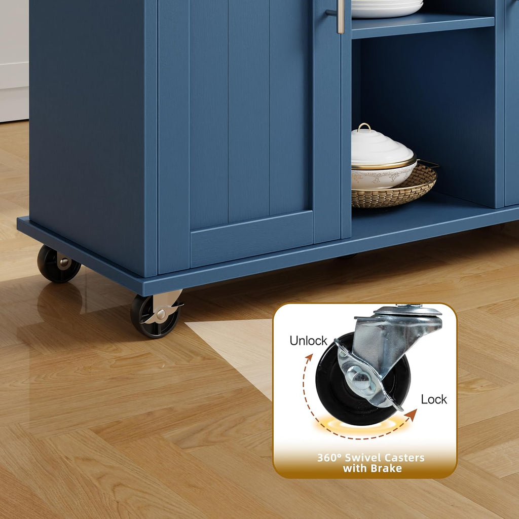SUNLEI Rolling Kitchen Island Cart with Wheels, Island Table for Kitchen, Farmhouse Kitchen Cart with Drop Leaf & Towel Rack & Drawer, Kitchen Islands Table with Storage Cabinet, Blue