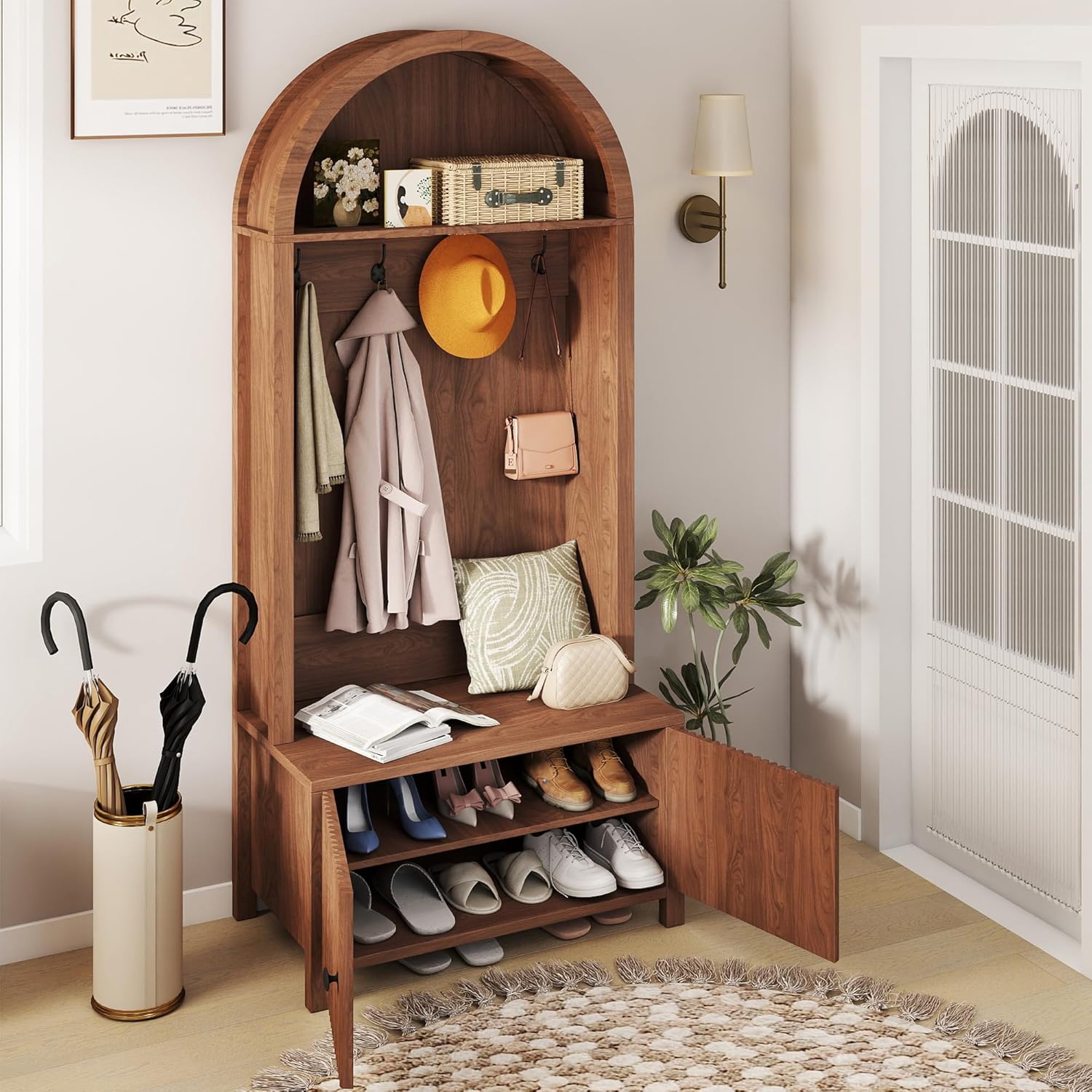 Hall Tree with Bench and Shoe Storage, Entryway Storage Bench with Coat Rack, 70.08" Tall Mudroom Rack with 4 Double Hooks and and 2 Fluted Doors, hall tree with storage for Hallway, Walnut