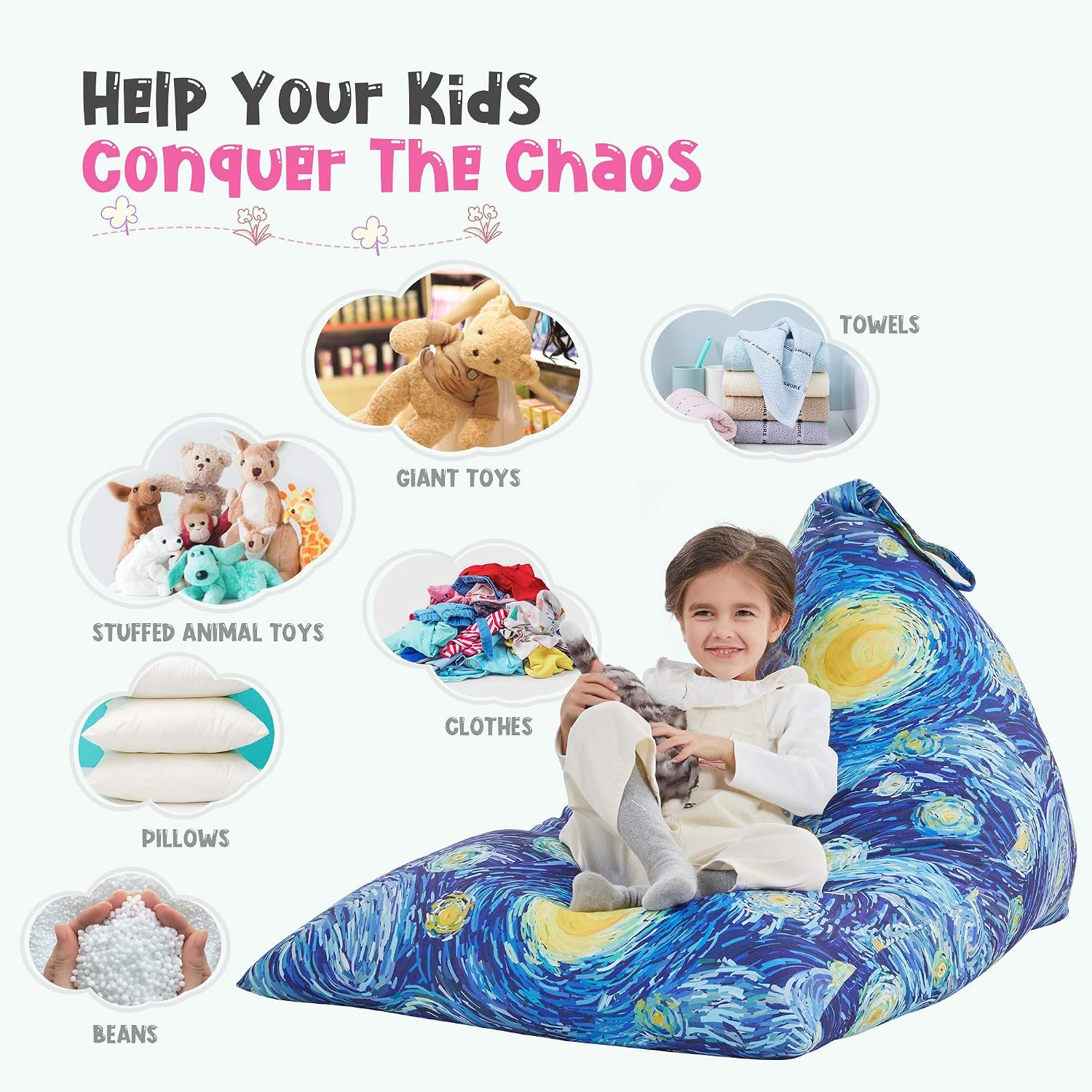 Stuffed Animal Storage Bean Bag Chair Cover for Kids Teens (No Filler) 250L Washable Large Beanbag Cover for Kids' Room Organizing Plush Toys or Home Living Room Textile,Starry Night
