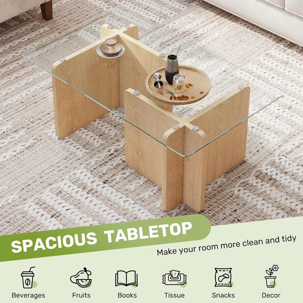 Miereirl Modern Glass Coffee Table, Rectangle Coffee Table Glass Top with Sturdy Wooden Base, Small Glass Wood Coffee Table for Living Room, Apartment, Office, Easy Assembly (Natural)