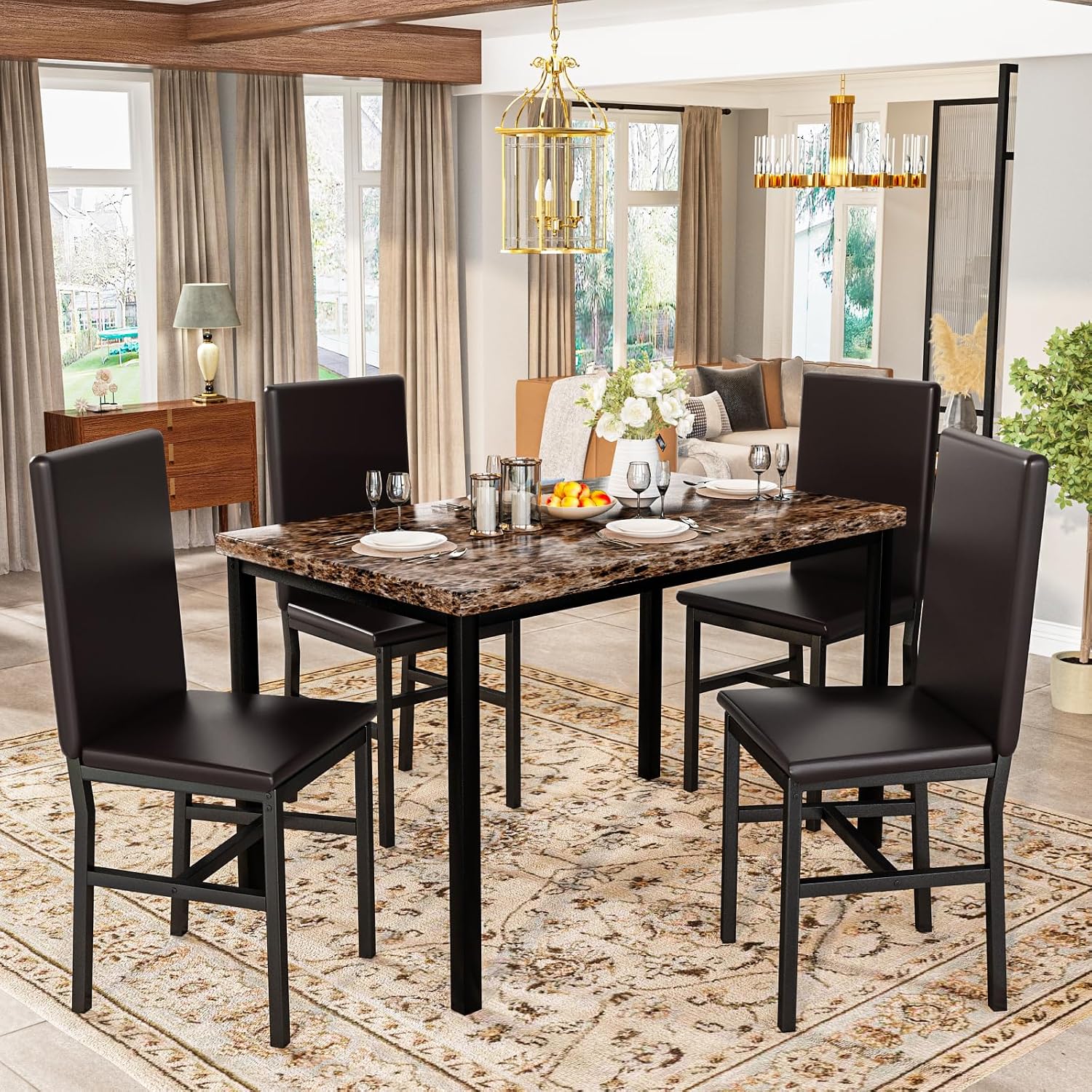 Recaceik 5-Piece Dining Table Set for 4, Faux Marble Kitchen Table Chairs Set of 4, Kitchen Table Set with 4 Upholstered PU Leather Chairs for Dining Room, Living Room, Apartment, Small Spaces, Brown