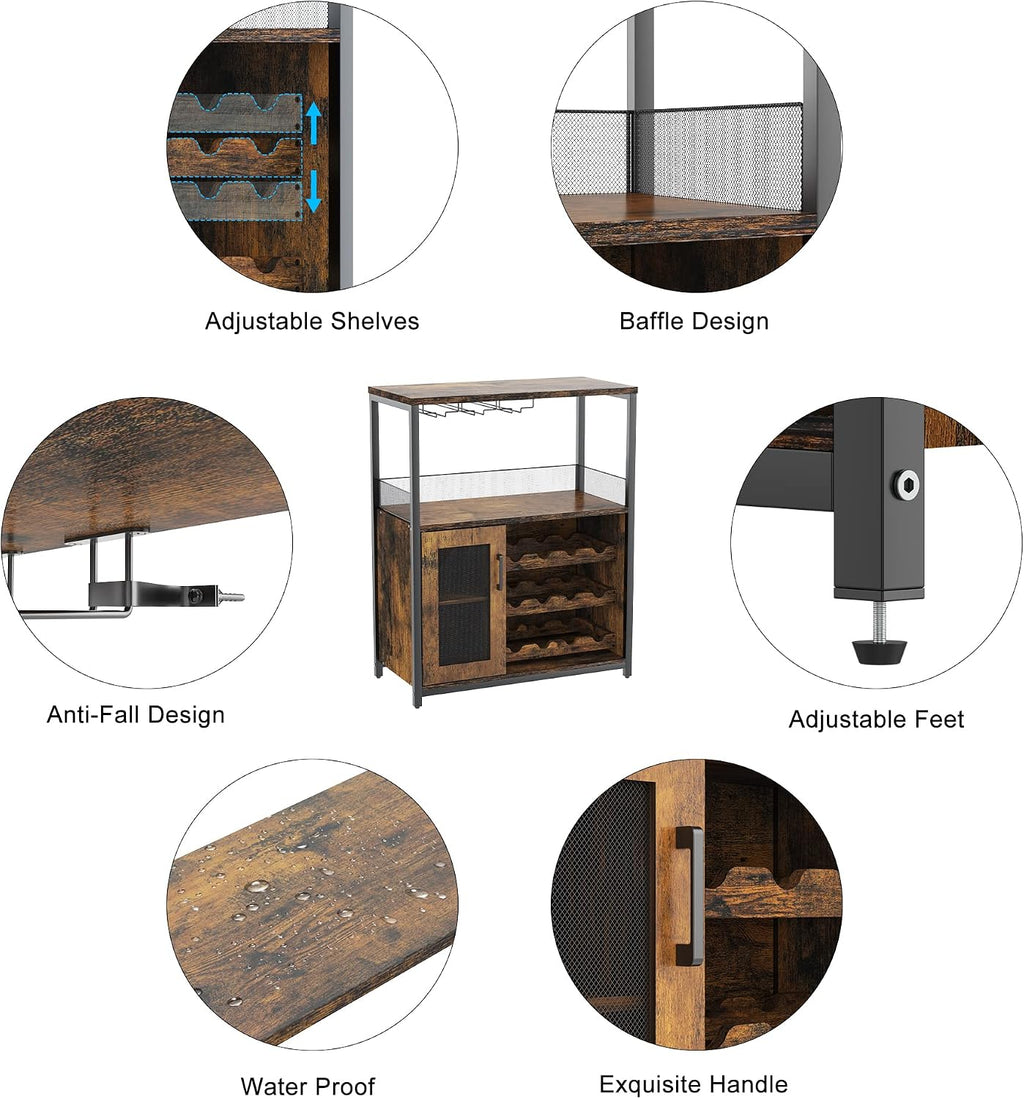 IDEALHOUSE Wine Bar Rack Cabinet with LED Light, Adjustable Shelves Coffee Bar Cabinet with Mesh Door and Baffle Design, 36″ Tall Small Liquor Bar Cabinet for Home, Kitchen, Dinning Room, Rustic Brown