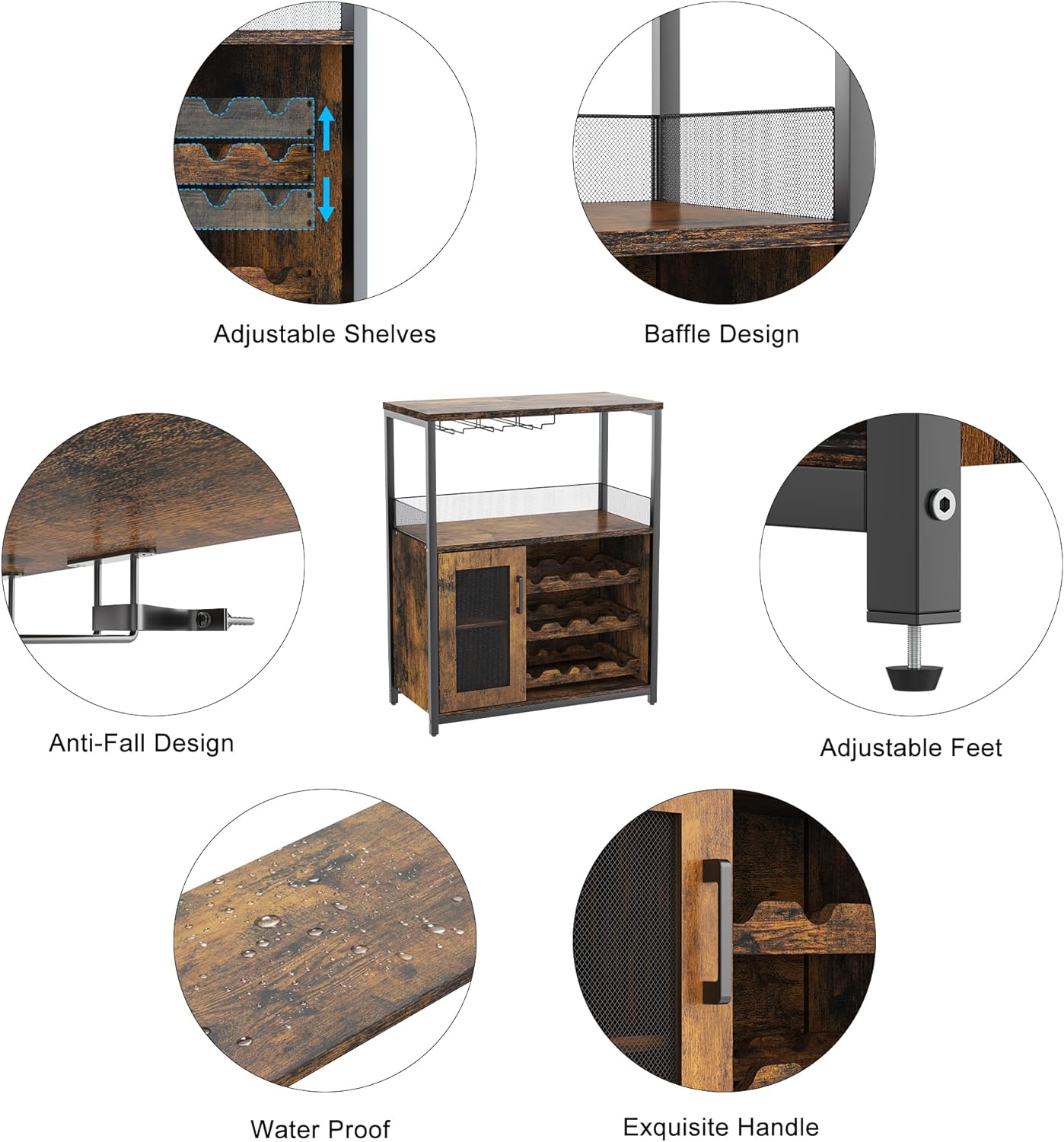 Amyove Wine Bar Cabinet with Detachable Wine Rack, Bar Rack with Glass Holder, Small Sideboard and Buffet Cabinet with Mesh Door, Rustic Brown
