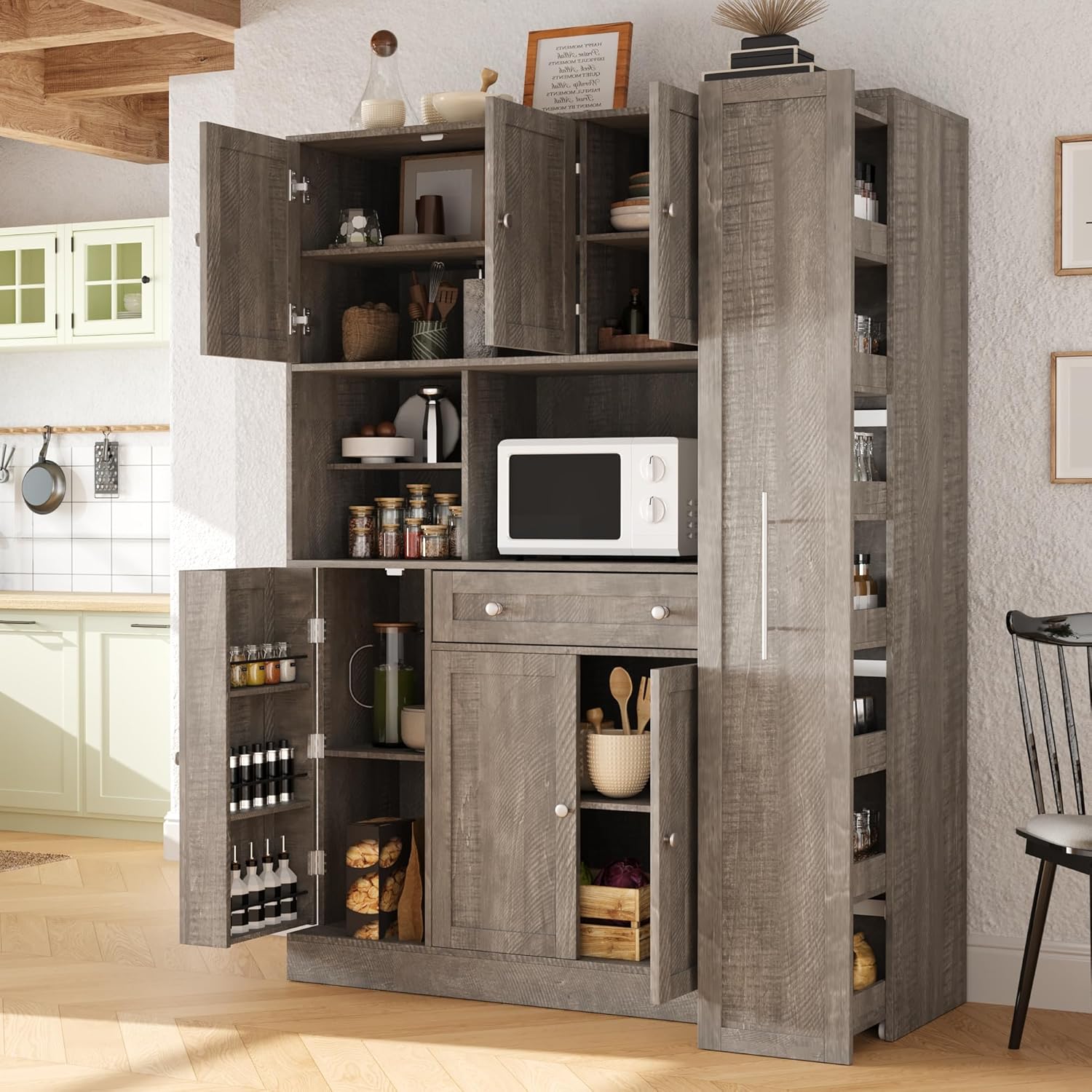Virubi 70" Large Kitchen Pantry Storage Cabinet with Doors and Shelves, Wood Farmhouse Tall Buffet Cabinet with Hutch and Drawers, Large Cupboard with Pull-Out Side Cabinet, Freestanding (Brown)