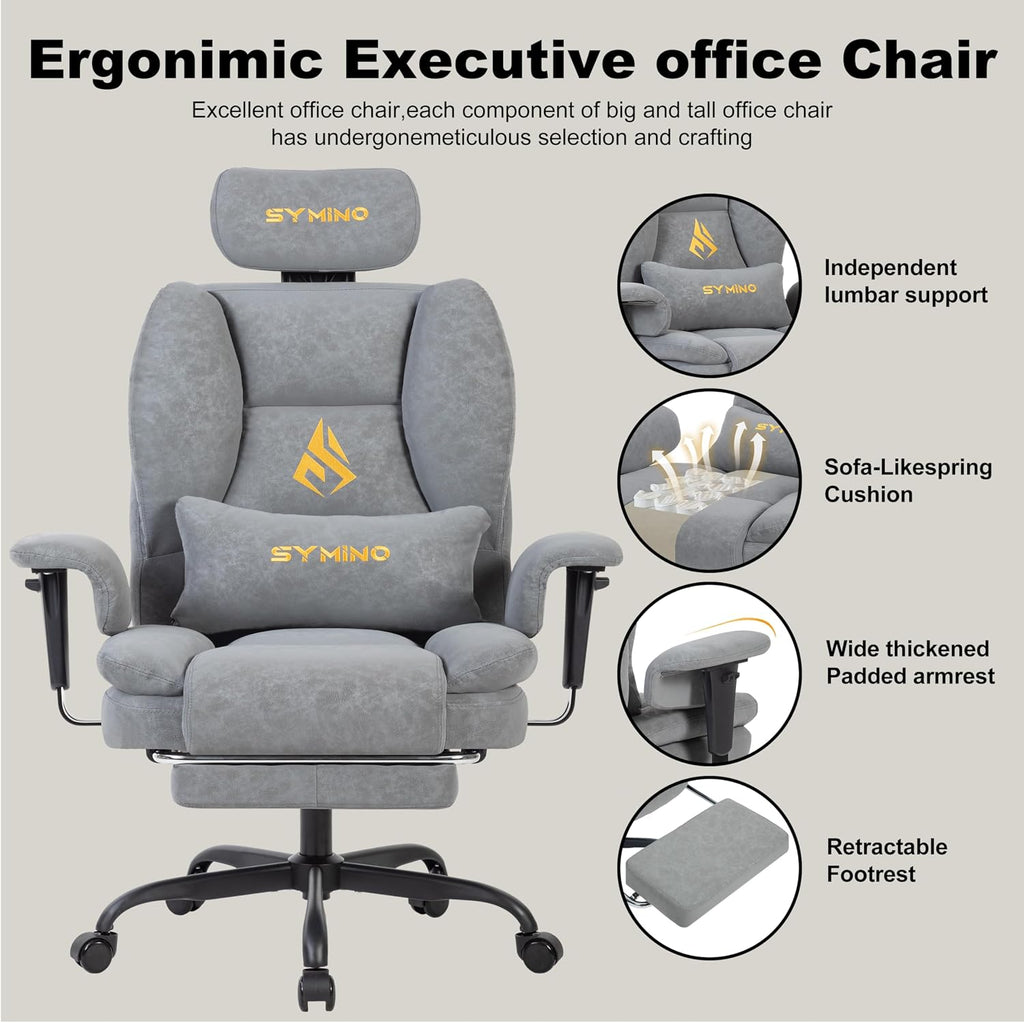 Symino Gaming Chair with Footrest, Up/Down Armrests, Suede Fabric Ergonomic Office Chair, 150° Recline Computer Chair for Desk, Grey