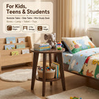 Small Round Side Table-17.7" Cute End Table with 2-Tier Storage-Waterproof Low Nightstand for Kids Room,Nursery,Small Spaces,Plant Stand&Bean Bag(Walnut)