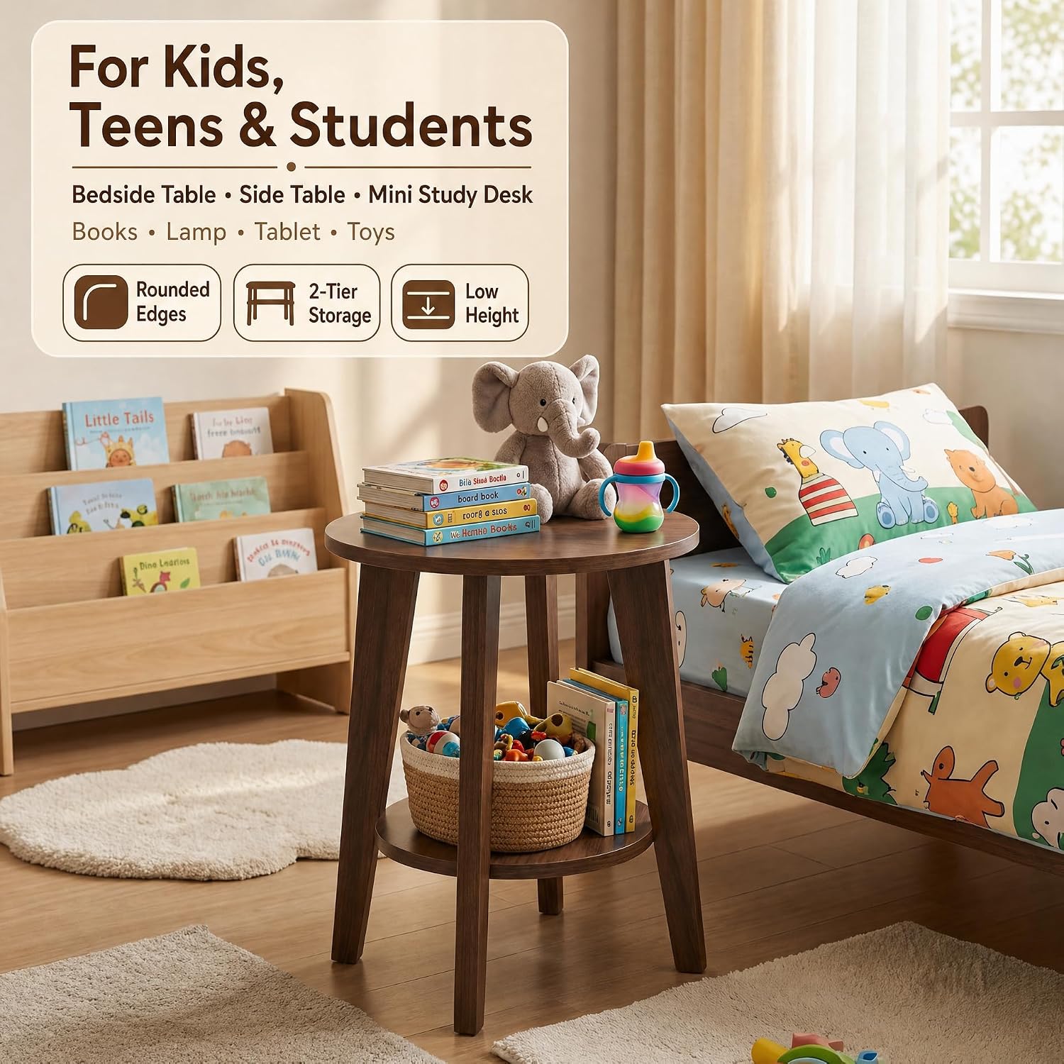 Small Round Side Table-17.7" Cute End Table with 2-Tier Storage-Waterproof Low Nightstand for Kids Room,Nursery,Small Spaces,Plant Stand&Bean Bag(Walnut)