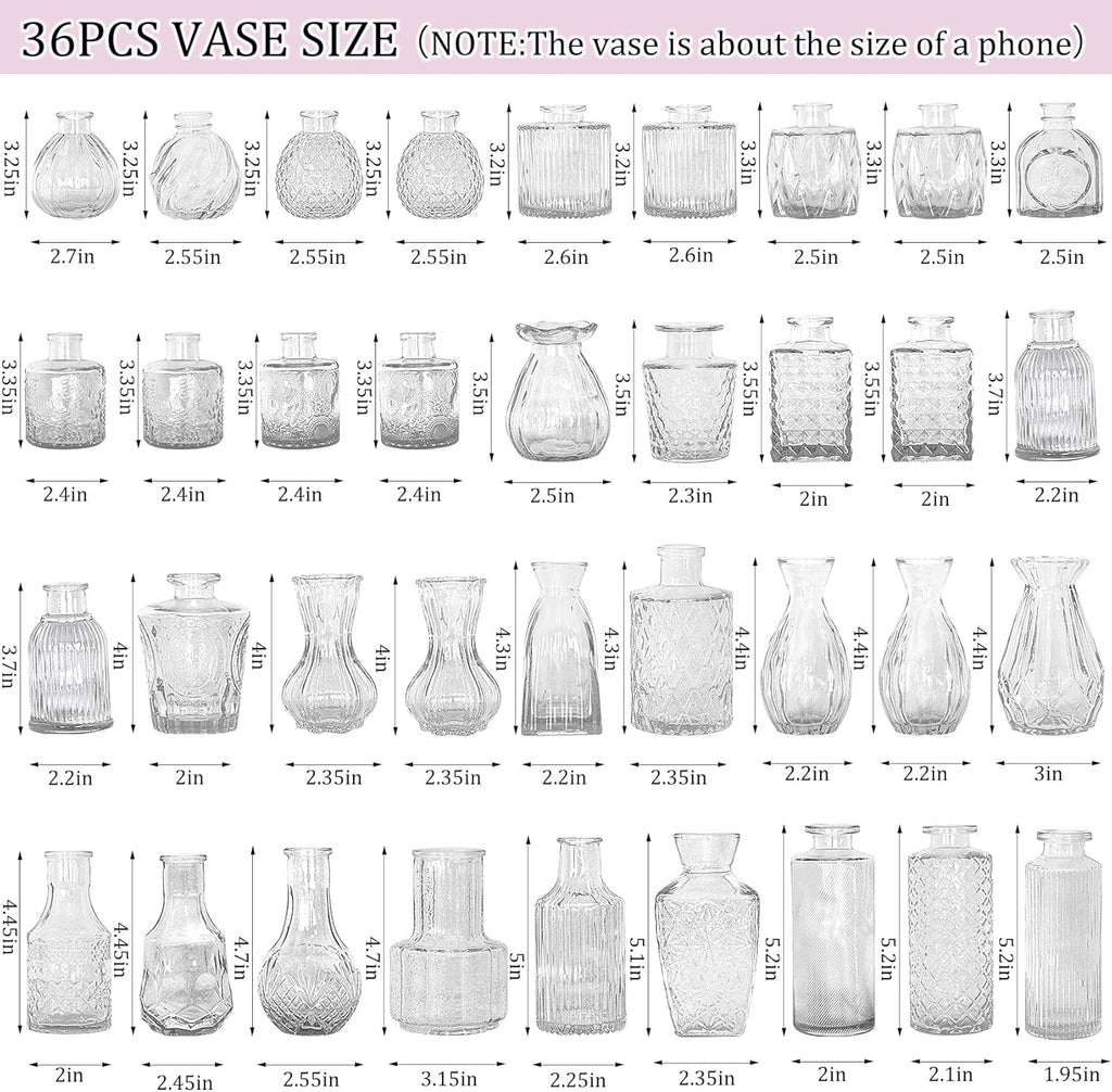 36Pcs Bud Vases Set Small Vintage Glass Bottles Clear Bud Vases in Bulk Multiple Shape Cute Glass Vases for Rustic Wedding Centerpieces Table Decorations and Home Decor(Clear)
