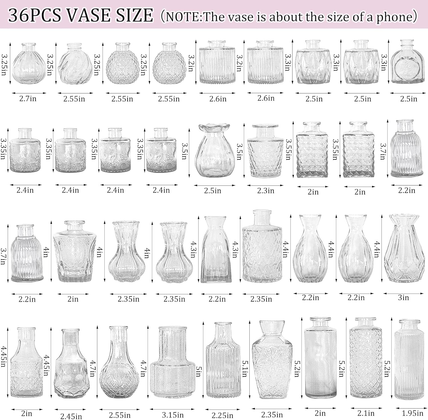 36Pcs Bud Vases Set Small Vintage Glass Bottles Clear Bud Vases in Bulk Multiple Shape Cute Glass Vases for Rustic Wedding Centerpieces Table Decorations and Home Decor(Clear)