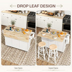 HOMCOM Rolling Kitchen Island with Power Outlet and Drop Leaf, 53" Island Table with Wood Top, 3 Drawers, Adjustable Shelf, Spice & Towel Rack, Kitchen Cart on Wheels, White