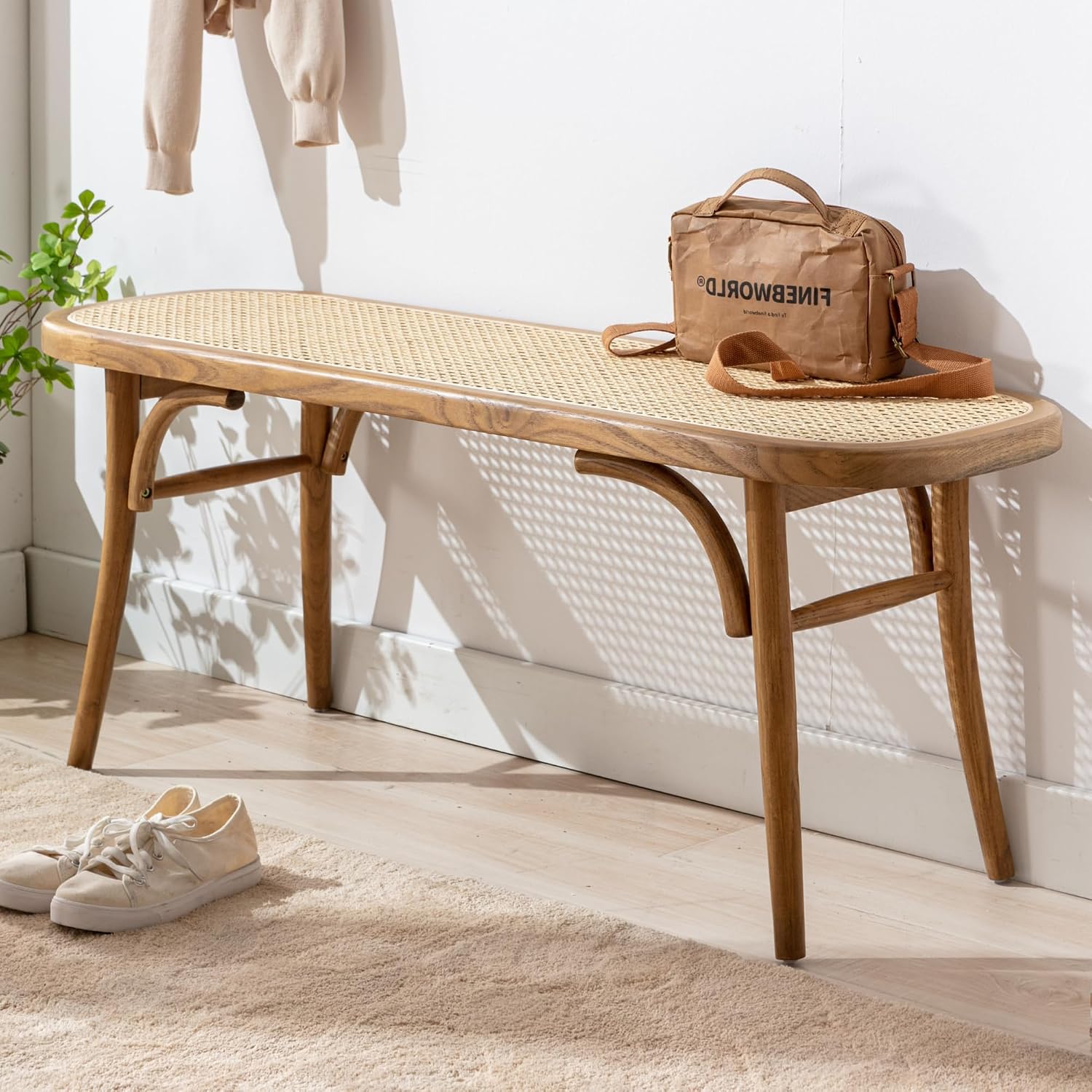 Farmhouse Wood Dining Bench with Rattan Seat, Boho Accent Bench for Entryway Bedroom End of Bed Kitchen Window Small Space