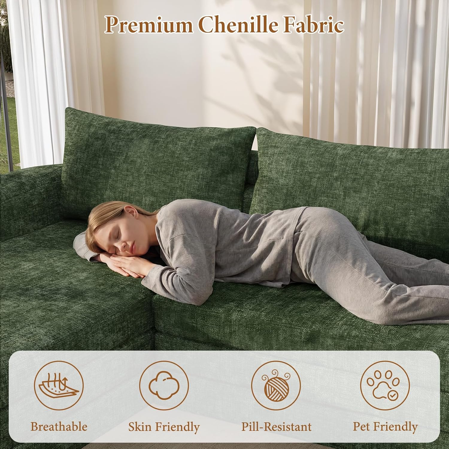 Vesgantti 110.2" Modular Sectional Sofa with Curved Armrest, 6 in 1 Convertible Folding Sleeper Sofa Bed, Chenille Boneless Couch for Living Room, No Assembly Required, Green, Left Facing Chaise