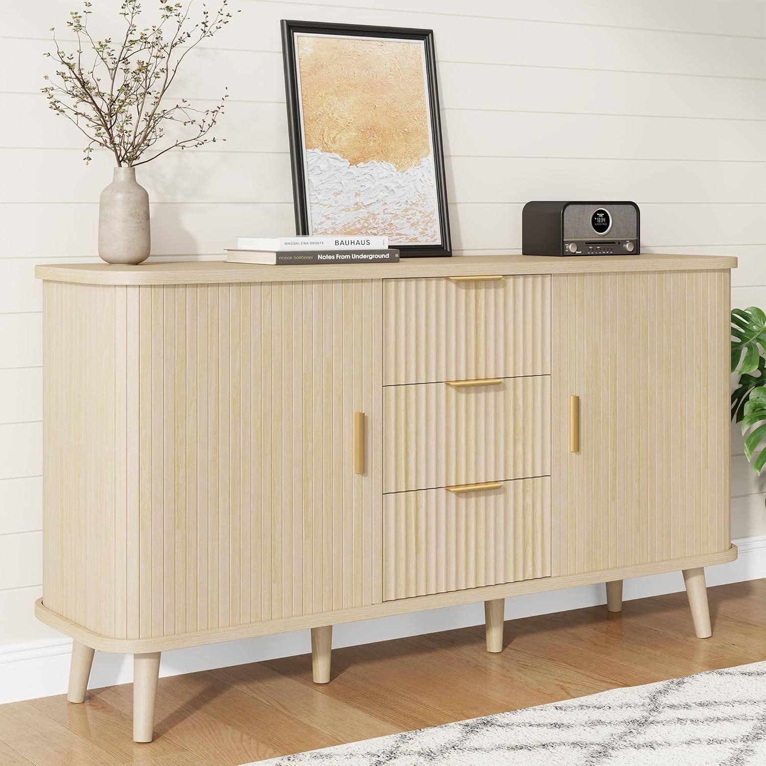 Lulive Natrual Buffet Cabinet, 55" Wide Sideboard Buffet Storage Cabinet with Rolling & Sliding Doors, Modern Bar Cabinet for Kitchen & Dining Room