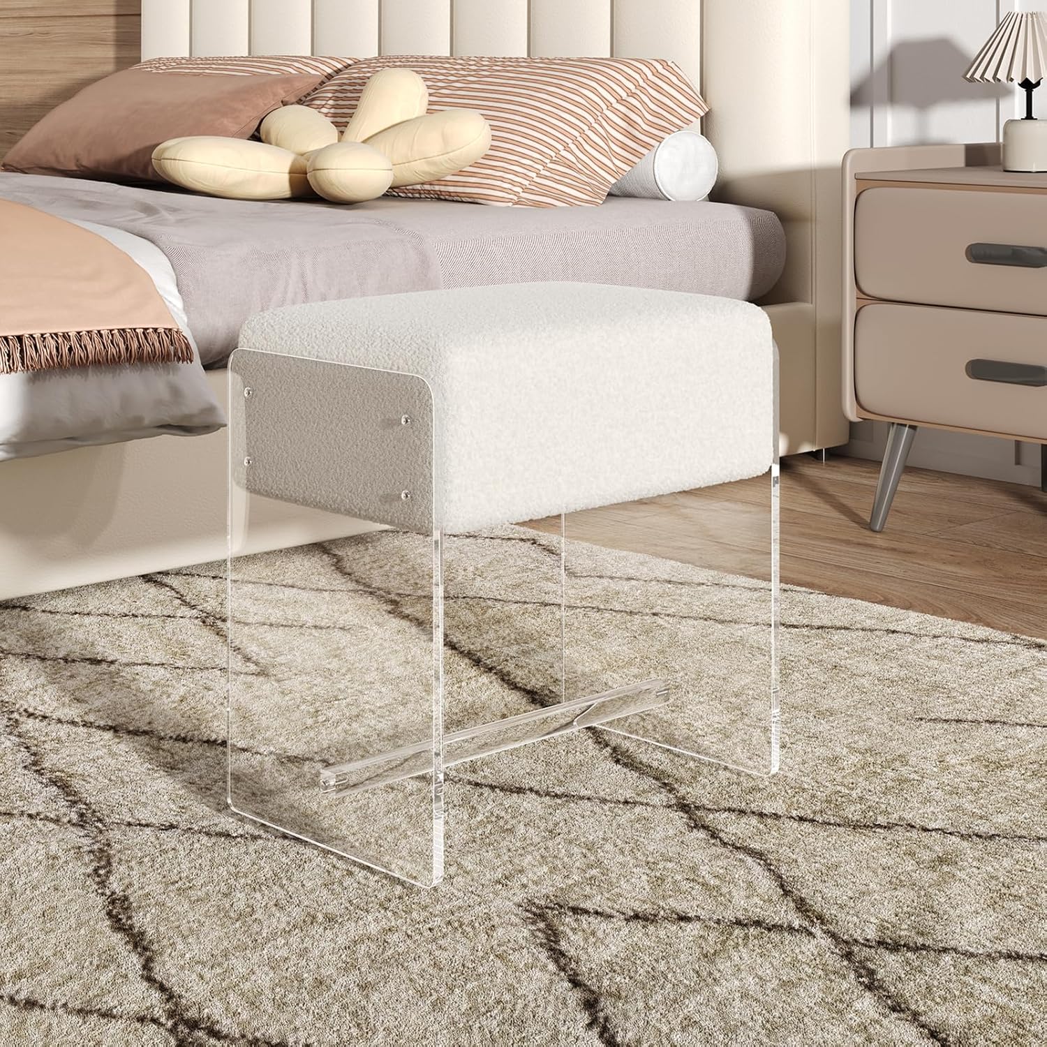 Vanity Stool Chair, Soft Ottoman with Clear Acrylic Legs, Modern Padded Seat Footstool for Entryway, Hallways, Bedrooms and Living Room (White)