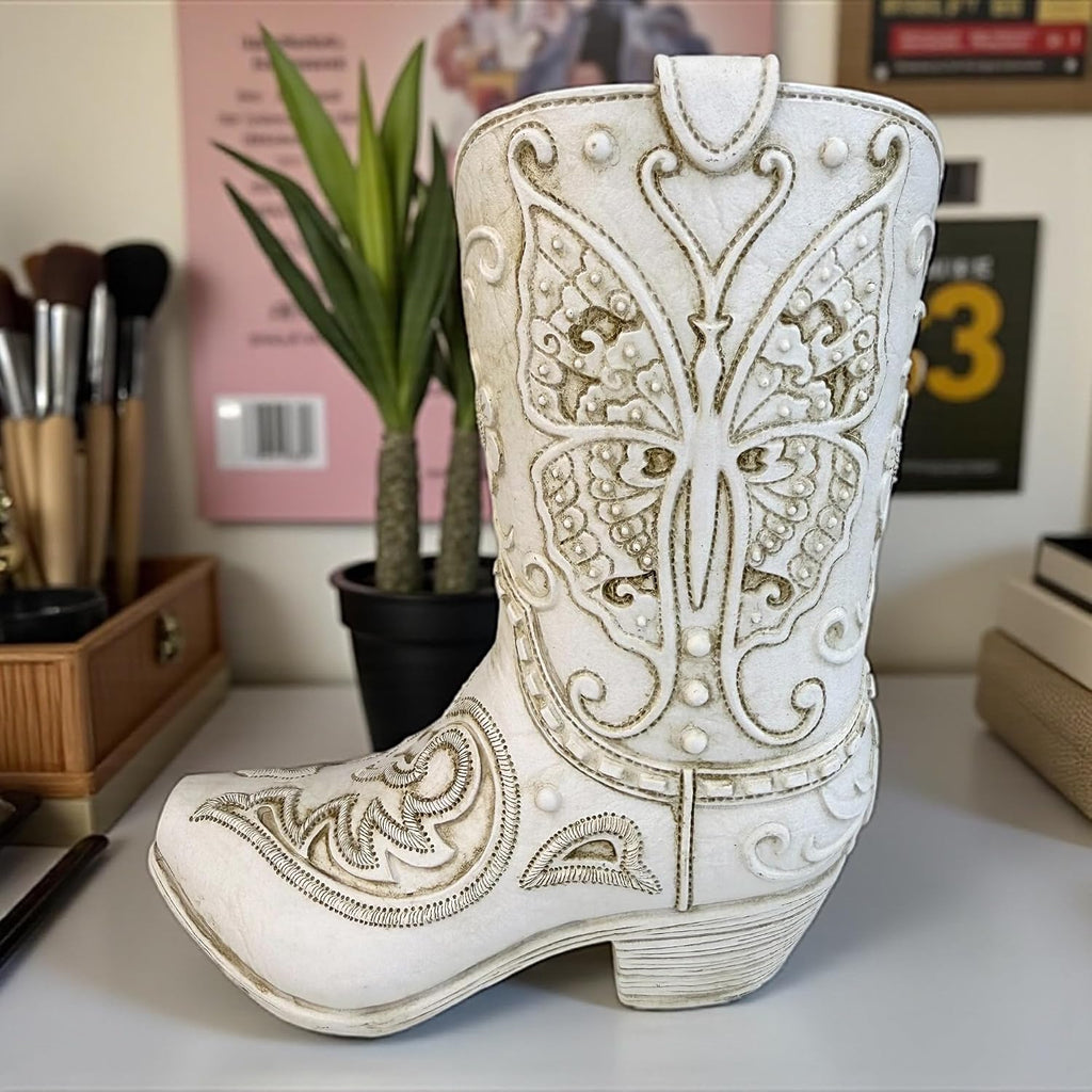 Top Brass Butterfly Boot Vase – Resin Cowboy/Cowgirl Boot Decor - Antique White Finish, Tooled Leather Look, Protective Pads, Modern Rustic Western Flower Holder, 7” Tall