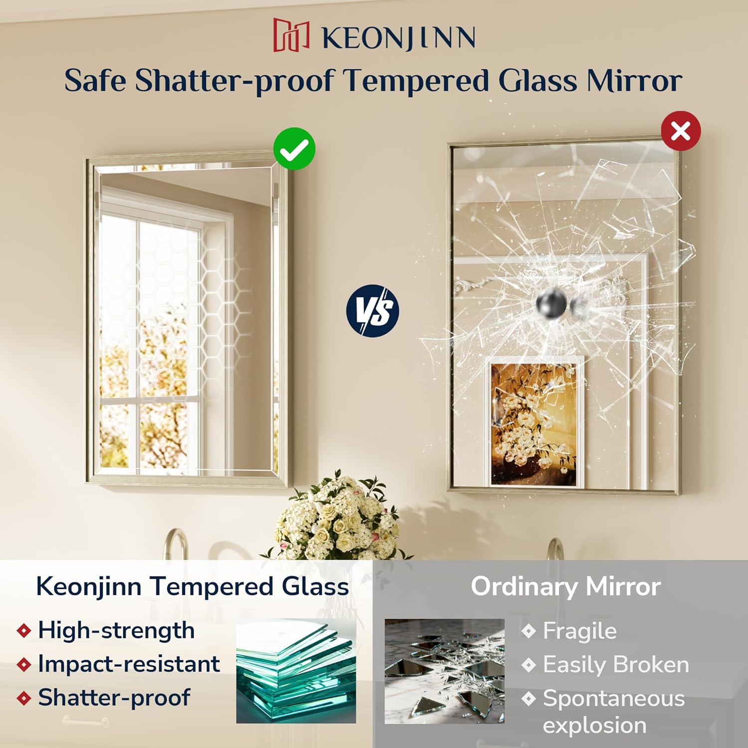 Keonjinn 20" x 30" Brushed Nickel Bathroom Mirrors for Over Sink, Silver Vanity Mirror for Wall, Thick Metal Framed, Beveled Edge Tempered Glass, Modern Farmhouse Rectangle Mirror for Bathroom Decor