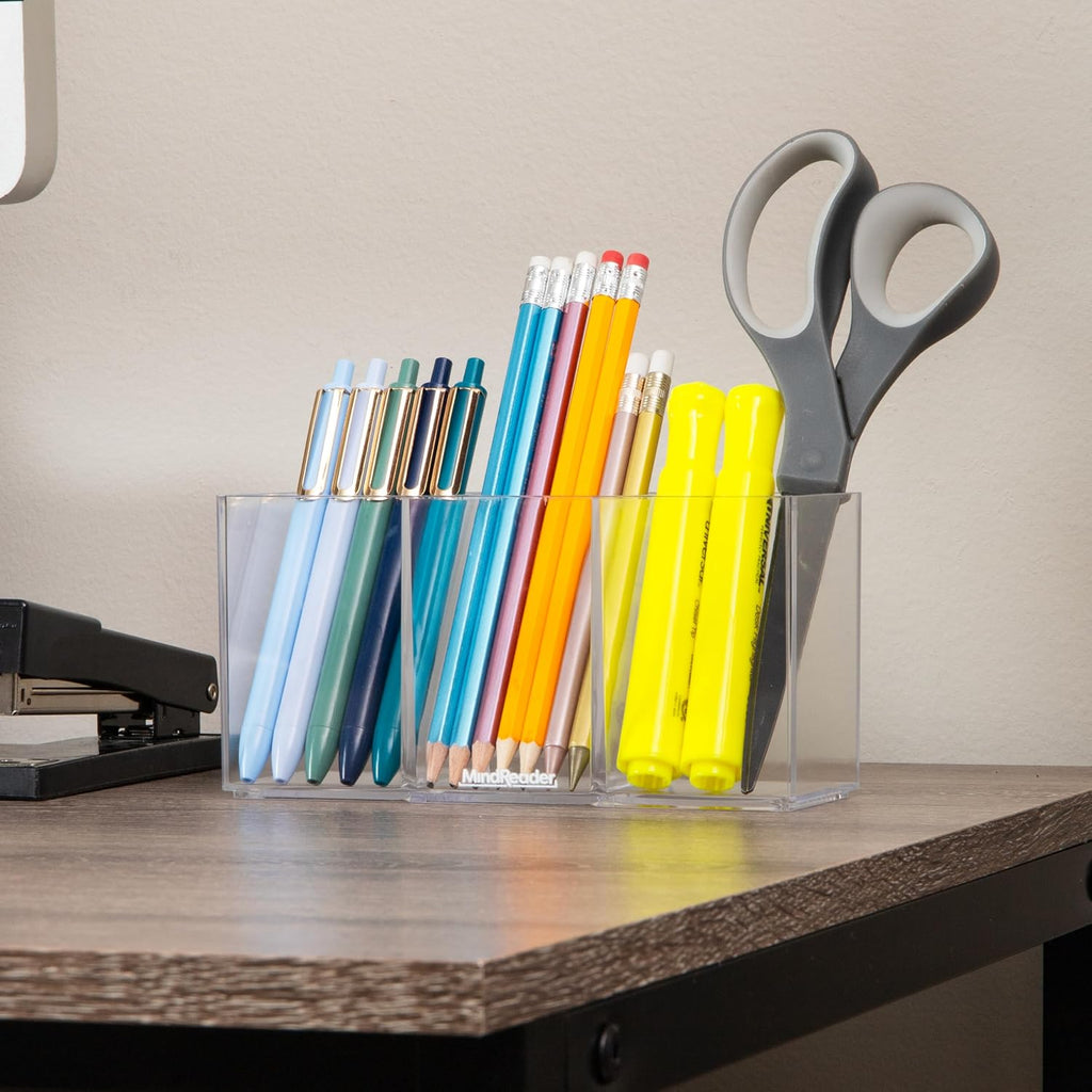 Mind Reader Pen and Accessories Holder, Desktop Organizer, Makeup Organizer, Office, Acrylic, 7"L x 2.5"W x 3.5"H, Clear