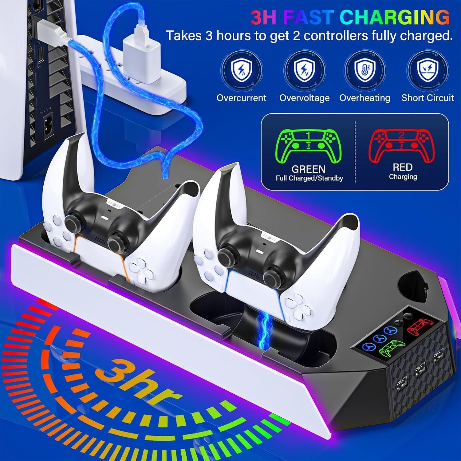 PS5 / PS5 Slim Cooling Station with Controller Charging Station - LED Light Cooling Stand for Playstation 5 Slim Disc/Digital Console, Accessories Incl RGB Light/Cooler Fan/3 USB Hubs/Headset Holder