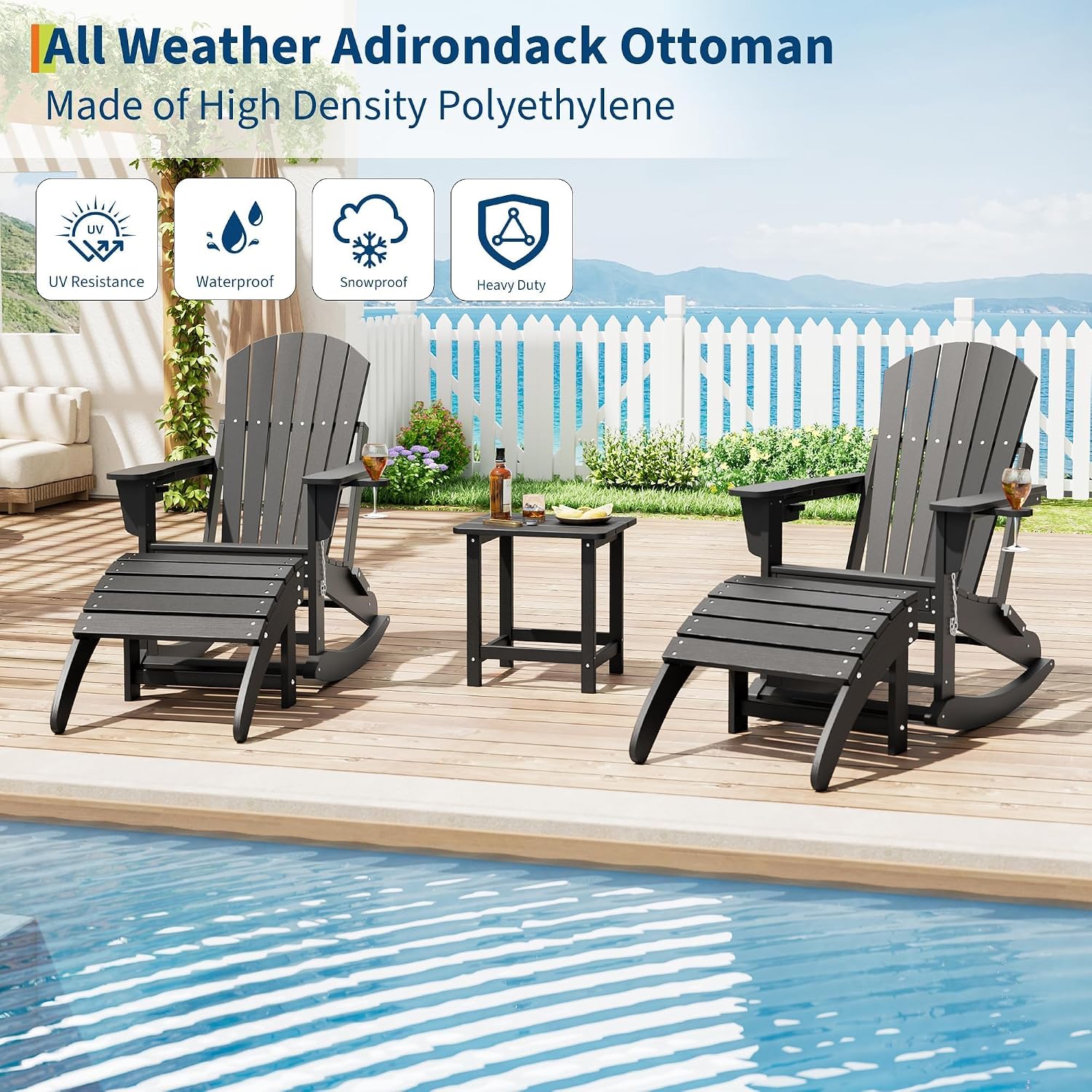 HDPE Adirondack Ottoman Foot Rest, Weather Resistant Outdoor Footstool for Adirondack Chair, Resin Patio Porch Poolside Lawn and Backyard Use