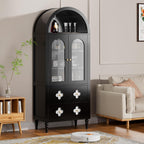 71" Tall Arched Pantry Cabinet, Modern Farmhouse Storage with Glass Doors, 2 Large Drawers, Anti-Tipping Device, Versatile for Kitchen Dining Room Bathroom, 71"x30"x16" (Black)