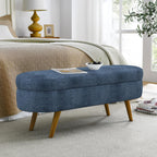 Oval Storage Ottoman Bench, Linen Upholstered Hidden Storage Footstool, Multi-Functional End of Bed Bench for Entryway Living Room Bedroom, Modern Home Decor Furniture (Dark Blue)