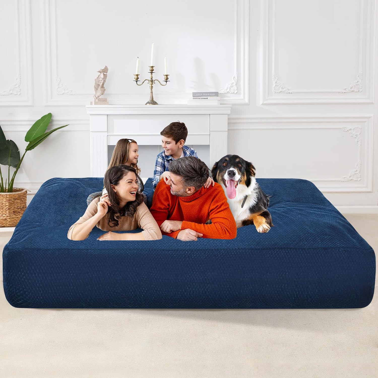 Homguava Chenille Bean Bag Bed, Convertible Bean Bag Chairs from Lazy Sofa Chair to Floor Mattress Bed, 3 in 1 Giant Bean Bag Chair for Adults with Filler for Living Room Machine Washable(Queen,Blue)