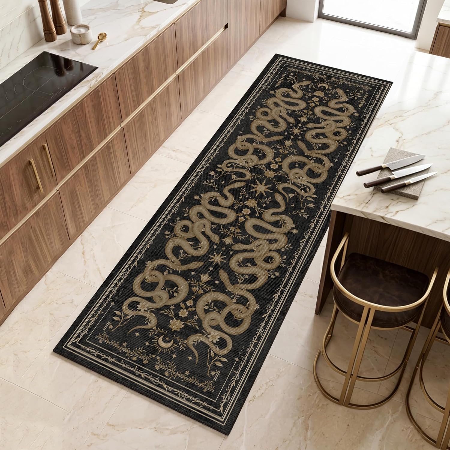 Garvee Snake Gothic Washable Kitchen Runner Rug 2x6 Dark Whimsical Unique Soft Thin Indoor Floor Mat for Bathroom Hallway Entryway Bedroom Indoor Decor Low Pile Non-Slip TPE Backing Black Gray