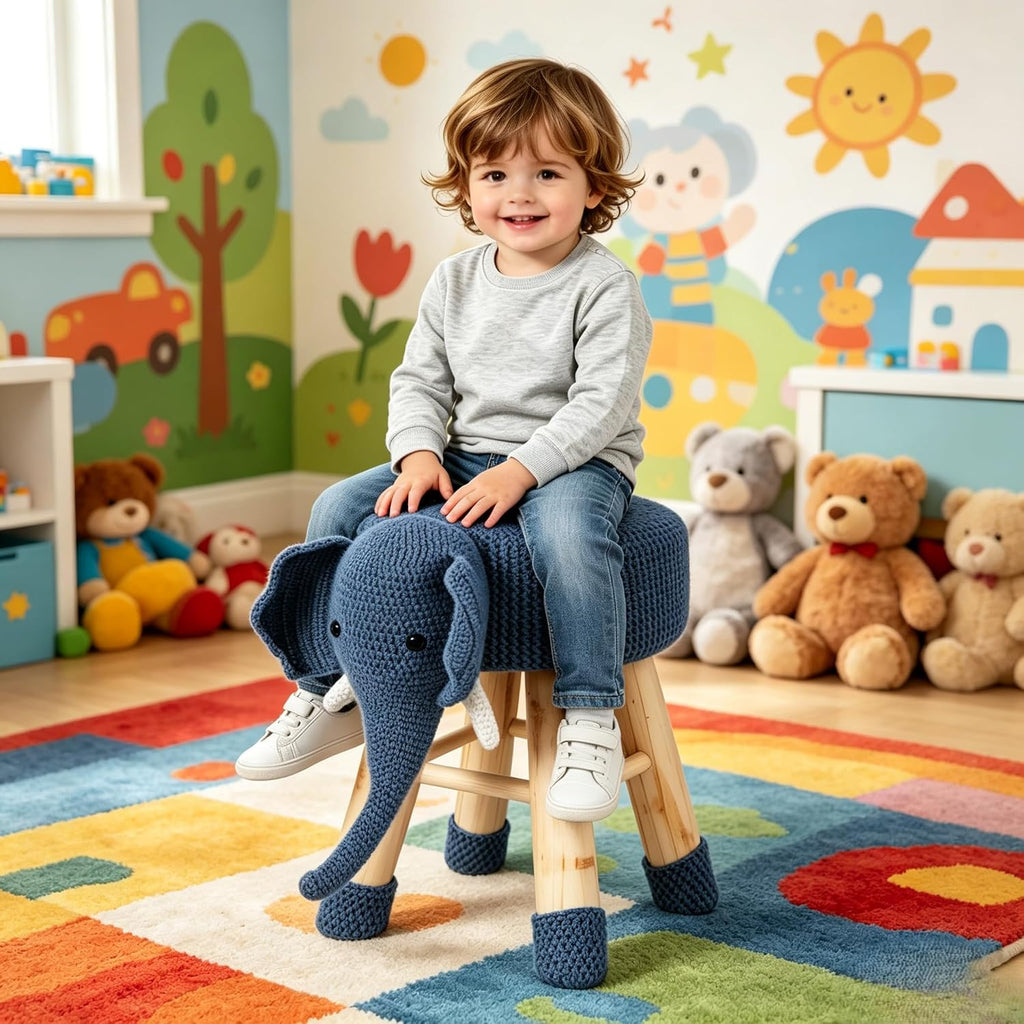 Animal Ottoman Stool, Cute Deer Design with Knit Polyester Upholstery and Solid Pine Wood Legs, 17.5in Kids Bedroom Seat (Elephant)
