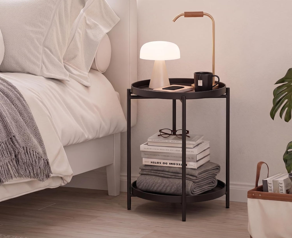 TeoKJ 2 Tier Round Side Table, Folding Round Metal End Table Small Nightstand with Two Removable Tray for Bedroom Living Room Bedside Small Spaces Black
