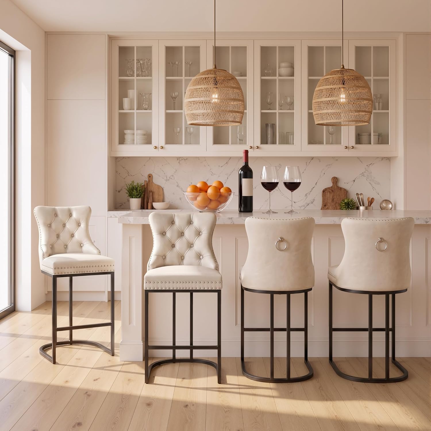 UVV Counter Height Bar Stools Set of 4, 26" Modern Barstools with Back, Faux Leather Upholstery Counter Chairs with Metal Legs for Kitchen Island, Bar, Counter, Beige