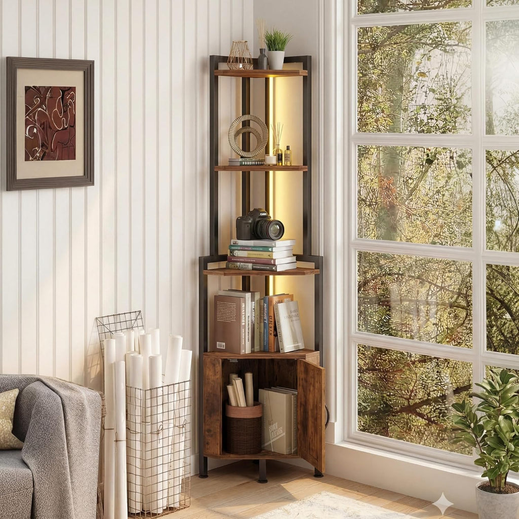 5-Tier LED Corner Cabinet Shelf, Rustic Brown Space-Saving Storage Organizer with Ambient Lighting, Freestanding Modern Farmhouse Shelf for Small Spaces
