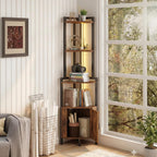 5-Tier LED Corner Cabinet Shelf, Rustic Brown Space-Saving Storage Organizer with Ambient Lighting, Freestanding Modern Farmhouse Shelf for Small Spaces