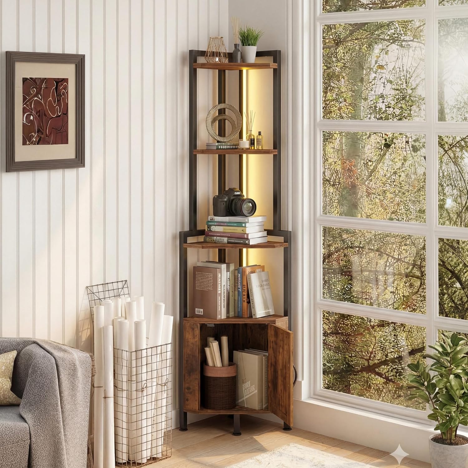 5-Tier LED Corner Cabinet Shelf, Rustic Brown Space-Saving Storage Organizer with Ambient Lighting, Freestanding Modern Farmhouse Shelf for Small Spaces