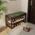 Shoe Rack Bench 2 Tier 27.6'' Bamboo Entryway Bench with Cushion and Hidden Storage Hold up to 300 lb Shoe Organizer for Hallway, Closet, Front Door Entrance, Foyer , Living Room Bedroom(Green)