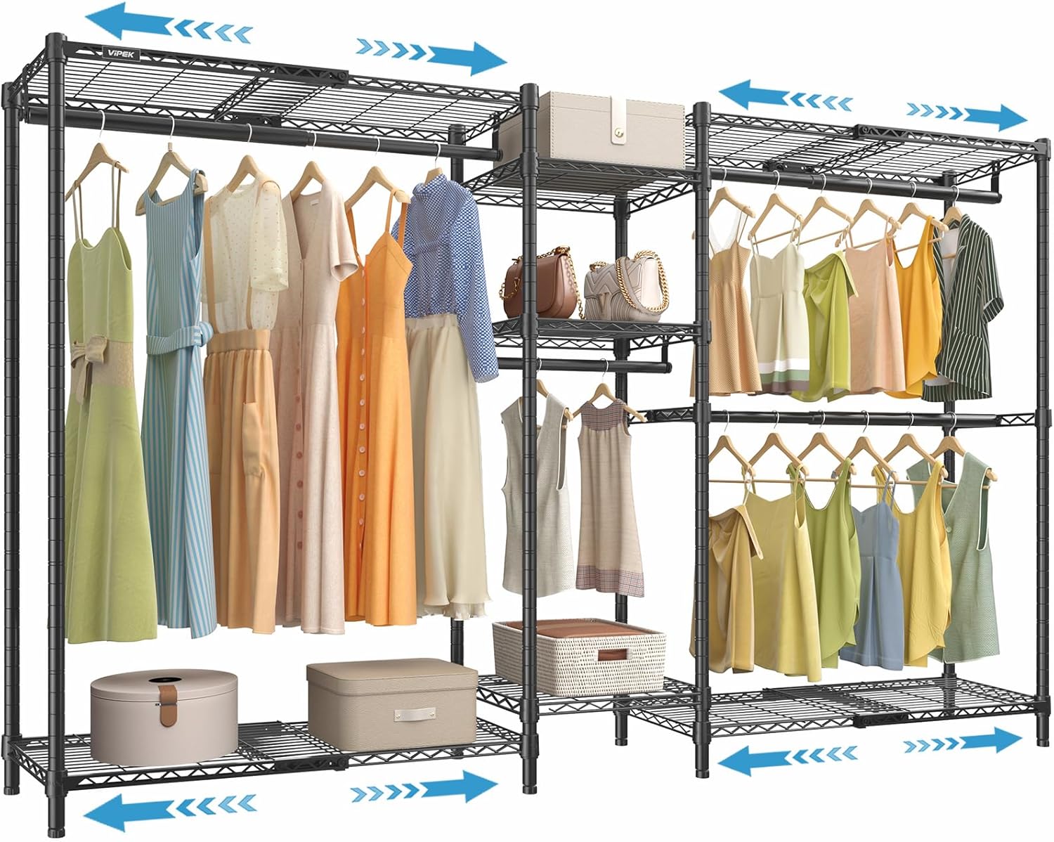 VIPEK Classic V6X Dynamic Closet System, Expandable Freestanding Clothes Rack with Shelves & Hanging Rods, Adjustable Width 62"-96", Modular Metal Clothing Rack Organizer for Reach-in Closet