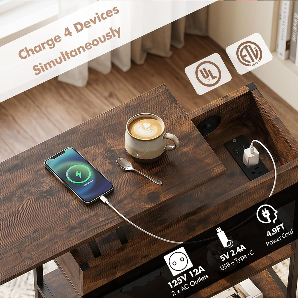 Giantex Lift Top End Table with Charging Station, Narrow Side Table with Hidden Storage, USB and Type-C Ports, Rolling Sofa Table with Lockable Wheels for Living Room Bedroom, Rustic Brown