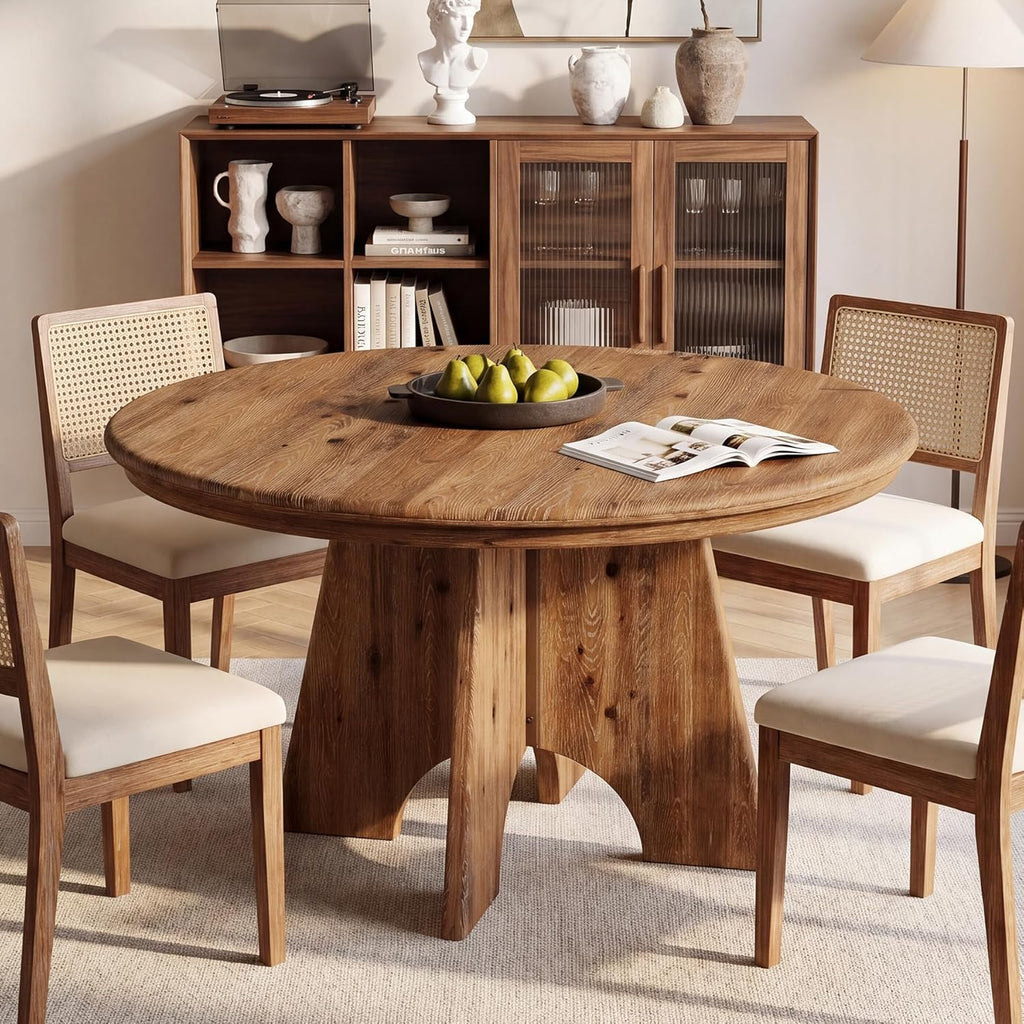 47" Solid Wood Round Dining Table for 4-6 People, Farmhouse Kitchen Table for Dining Room, Kitchen, Living Room, Rustic Brown